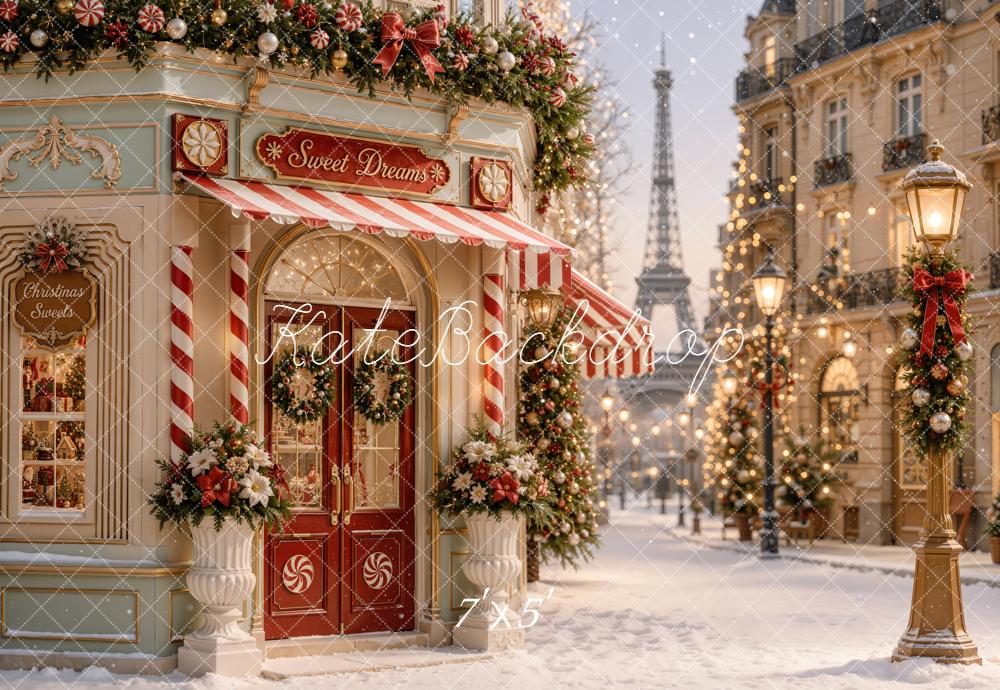 Kate Christmas Paris Candy Shop Snowy Street Printed Backdrop Designed by Emetselch