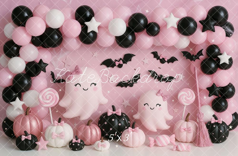 Halloween Cake Smash Pink Ghost Balloons Backdrop Designed by Ashley Paul