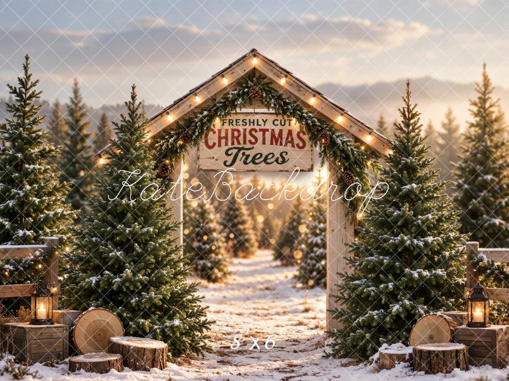 Lightning Deal Kate Christmas Snowy Tree Farm Arch Rustic Wood Printed Backdrop Designed by Emetselch