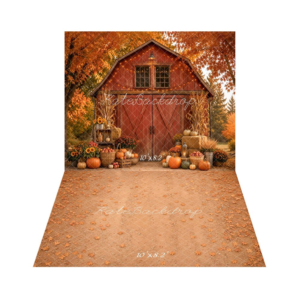 Kate Fall Red Barn Pumpkin Sunflower Cornstalk Apple Lantern Printed Backdrop+Fall Maple Leaves Floor Backdrop Printed Backdrop