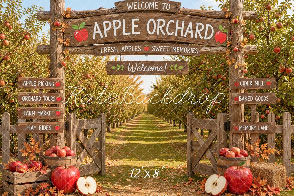 Kate Fall Apple Orchard Wooden Welcome Sign Apples Printed Backdrop Designed by Emetselch