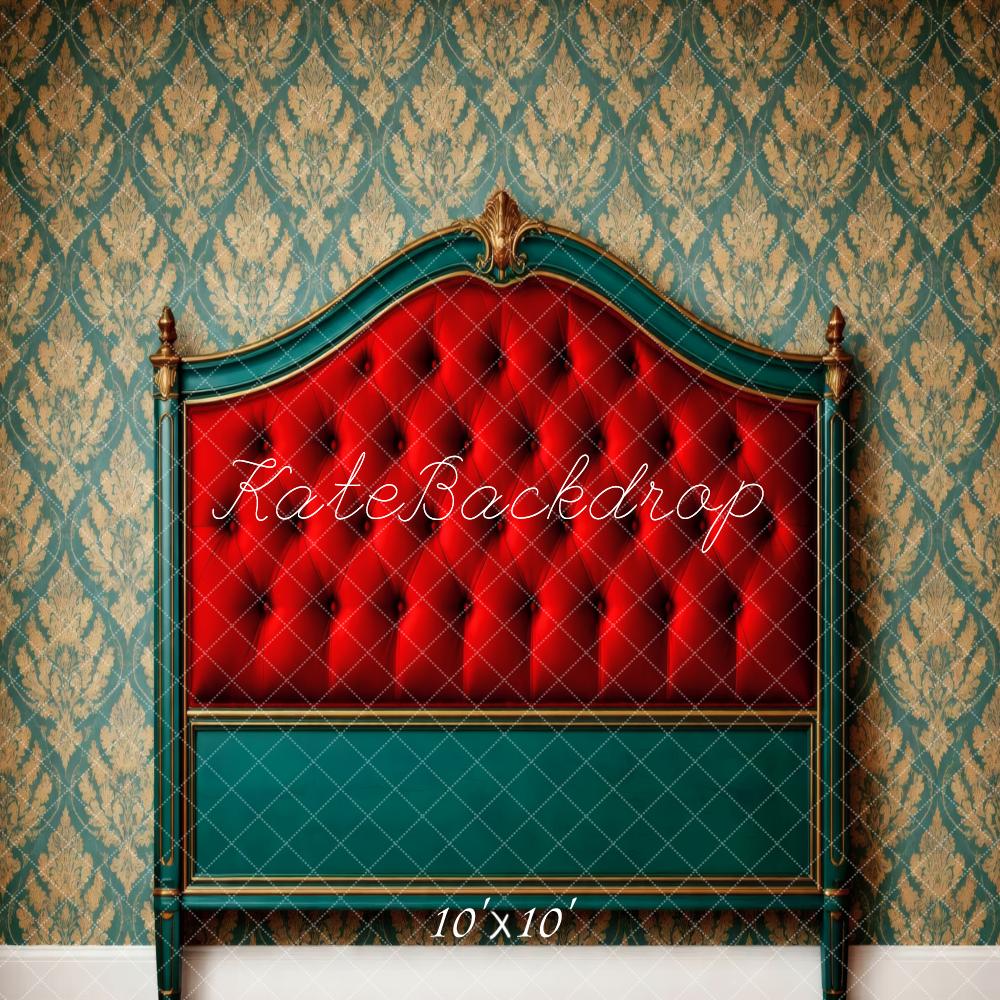 Kate Boudoir Red Headboard Gold Damask Vintage Wall Printed Backdrop Designed by Vertigo Productions