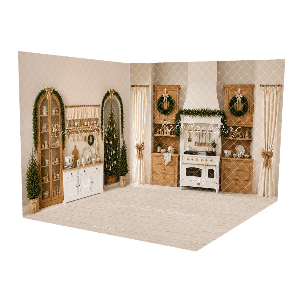 Kate Christmas Kitchen Garland Wreath Wood Cabinets Curtains Printed Backdrop Room Set