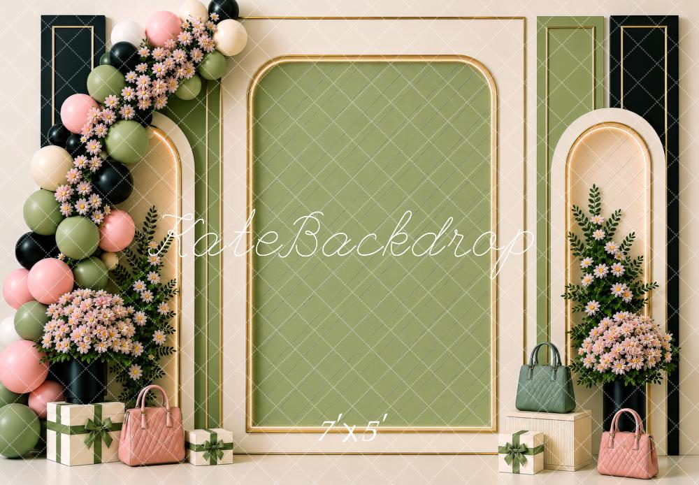 Kate Birthday Luxury Sage Green Pink Floral Balloon Arch Gold Frame Handbag Printed Backdrop Designed by Shutter Swan Studios