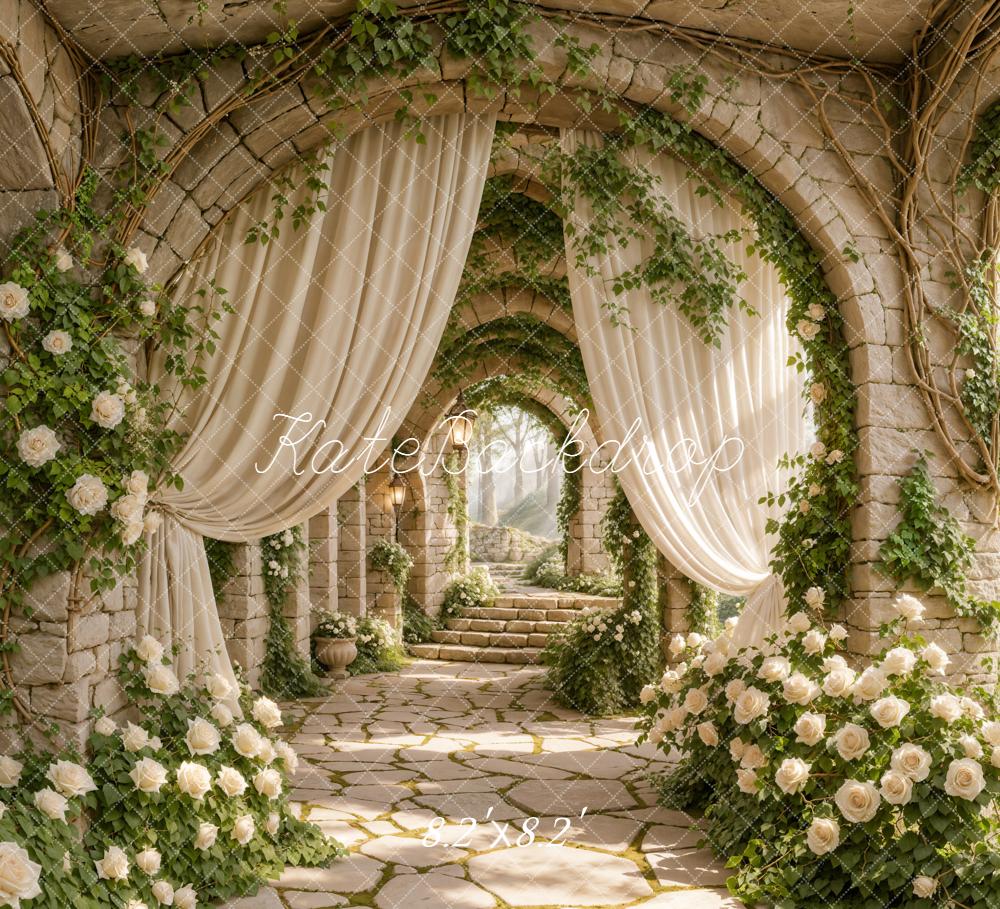Kate Spring Stone Archway White Roses Cascading Stairs Printed Backdrop Designed by Emetselch