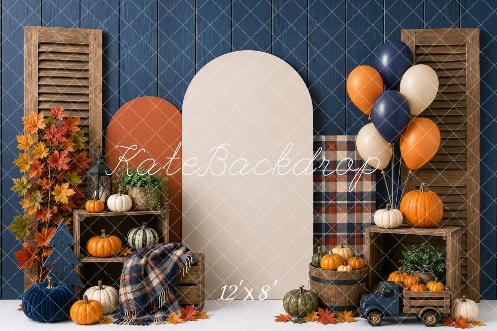 Kate Fall Cake Smash Blue Plaid Pumpkin Balloon Arch Truck Printed Backdrop Designed by Shutter Swan Studios