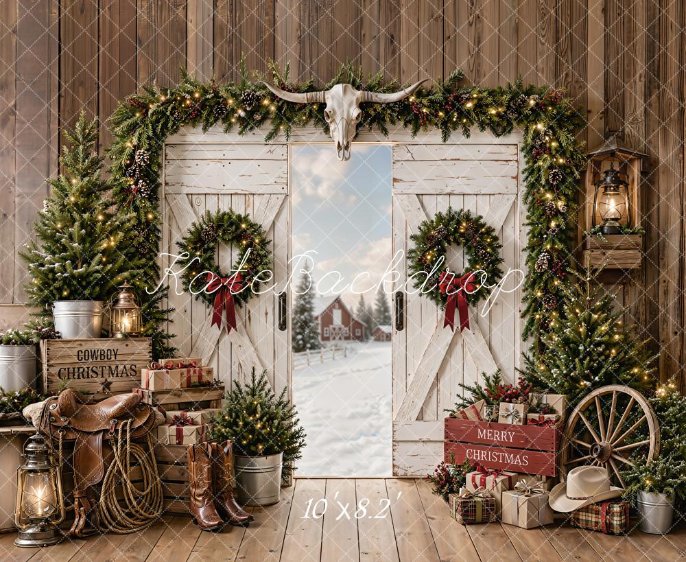 Kate Christmas Cowboy White Barn Door Wreath Garland Snow Printed Backdrop Designed by Emetselch