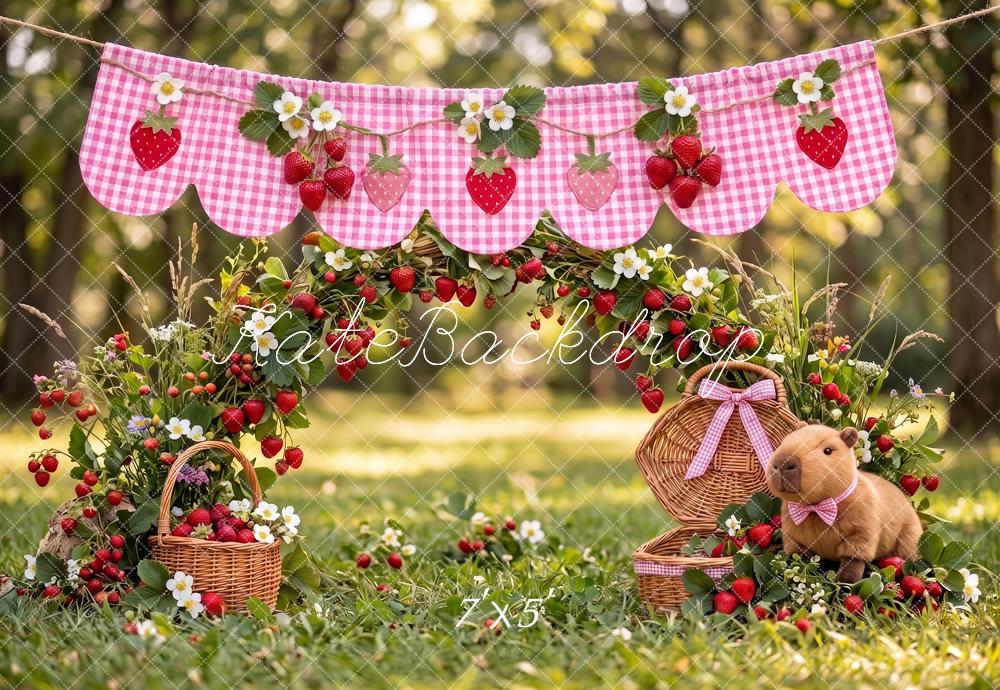 Kate Cake Smash Capybara Strawberry Picnic Teddy Bear Garden Printed Backdrop Designed by Angela Miller