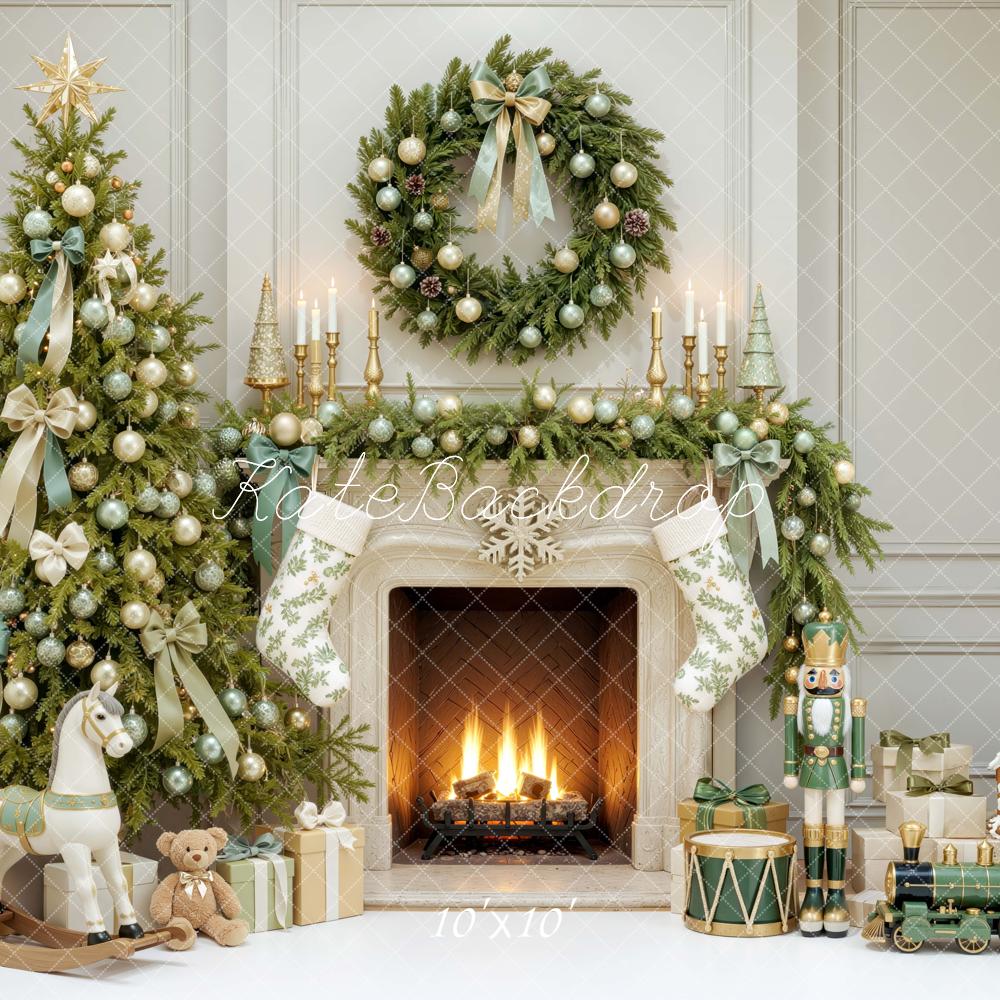 Kate Christmas Tree Fireplace Wreath Green Ribbon Printed Backdrop Designed by Mini MakeBelieve