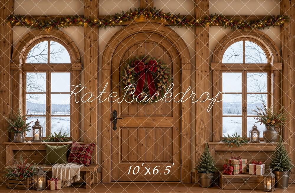 Kate Christmas Rustic Wooden Door Garland Arched Windows Gifts Printed Backdrop Designed by Emetselch