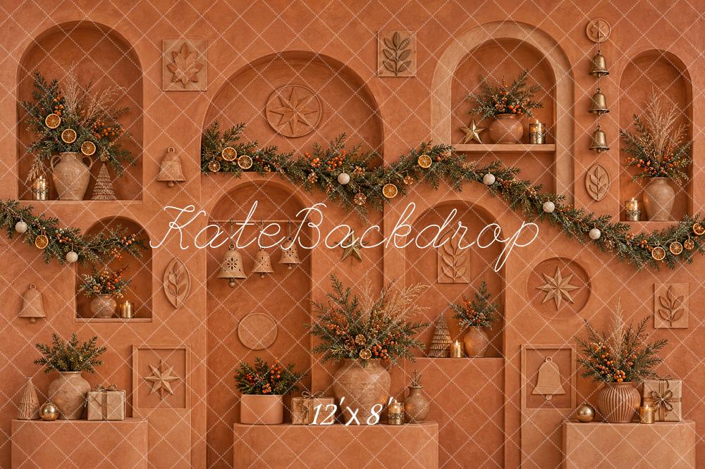 Kate Christmas Terracotta Arches Garland Botanicals Bells Printed Backdrop Designed by Vertigo Productions