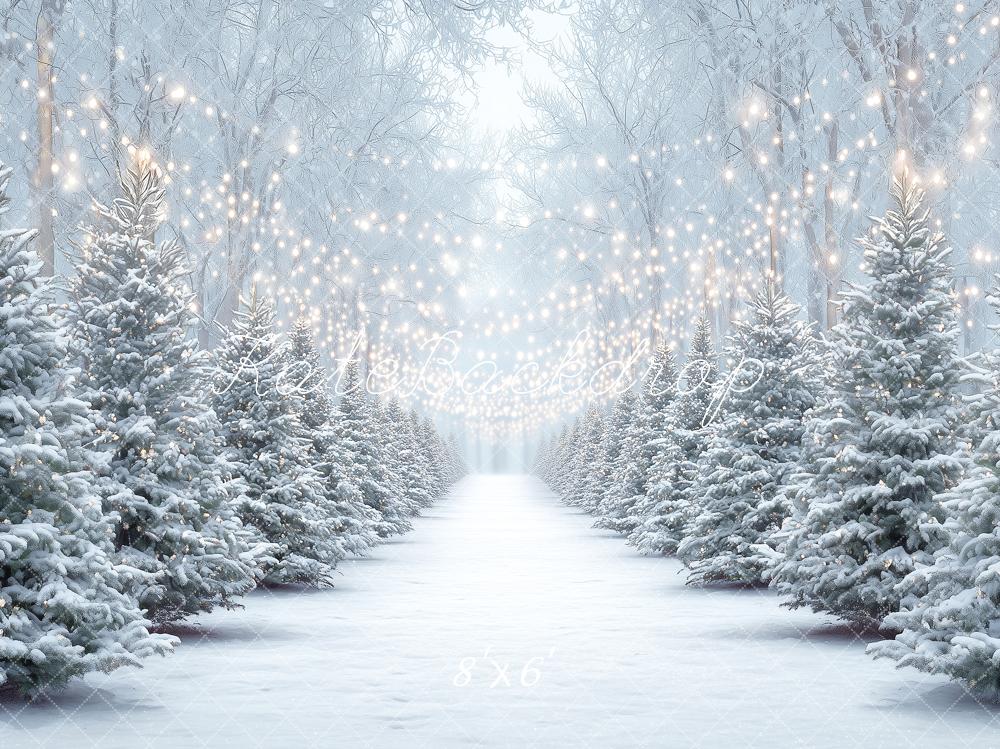 Kate Christmas Snowy Pine Trees String Lights Forest Printed Backdrop Designed by Angela Miller