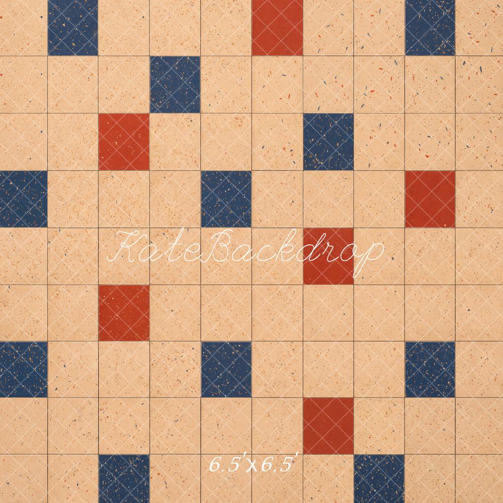 Kate Checkerboard Beige Red Blue Tiles Floor Printed Backdrop Designed by Kate Image