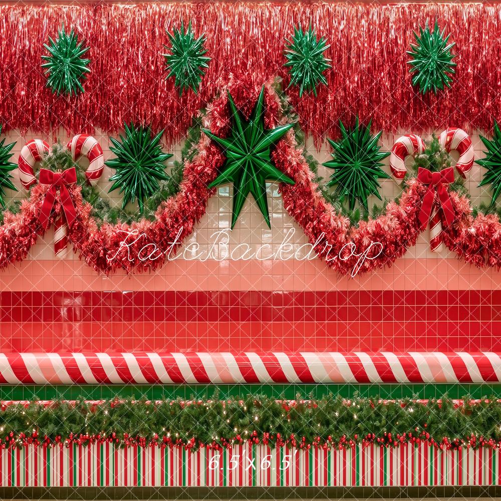 Kate 80's Mall Wall Christmas Tinsel Candy Cane Garland Printed Backdrop Designed by Angela Miller
