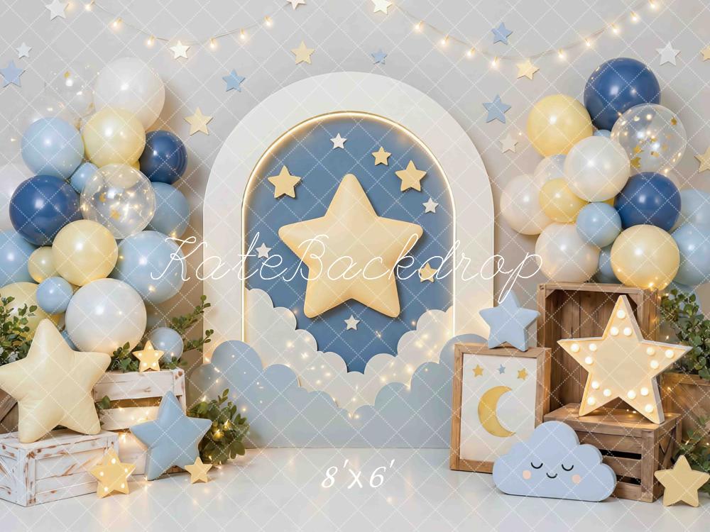 Kate Cake Smash Star Arch Balloons Clouds Blue Yellow Printed Backdrop Designed by Mini MakeBelieve