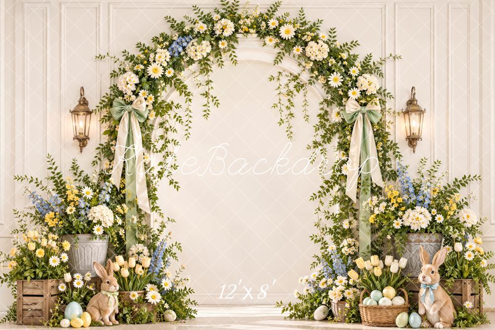 Kate Spring Easter Flower Arch Bunny Pastel Eggs White Wall Printed Backdrop Designed by Emetselch