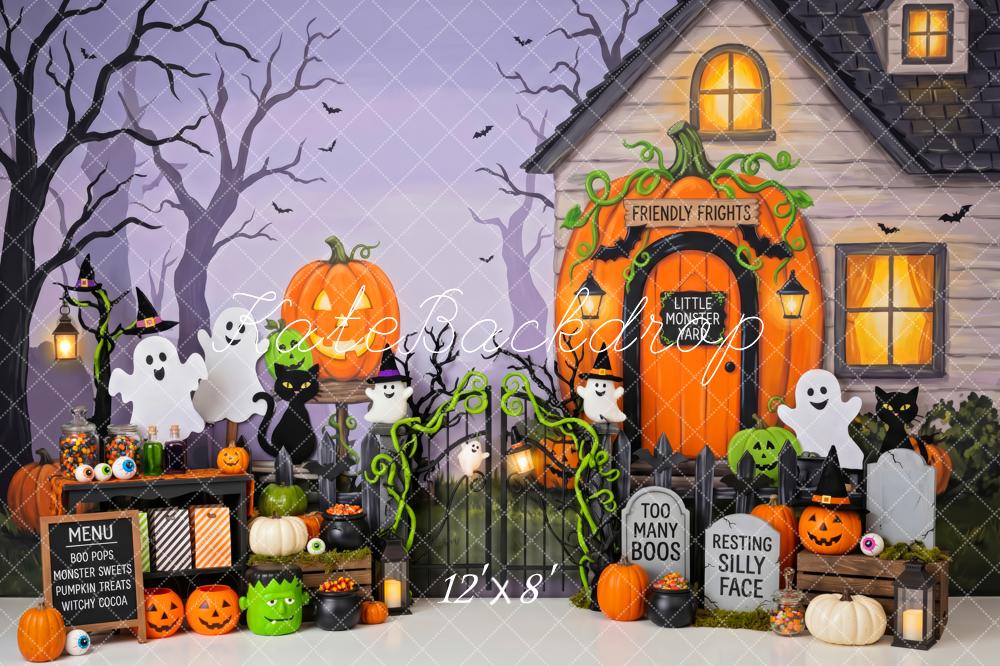 Kate Halloween Trick Or Treat Haunted House Pumpkins Ghosts Printed Backdrop Designed by Patty Roberts