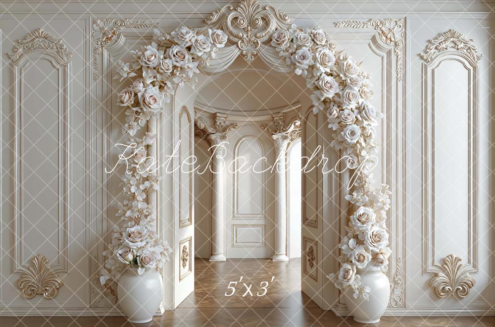 Kate Flower Arch Cream Roses Ornate Wall Printed Backdrop Designed by Mini MakeBelieve