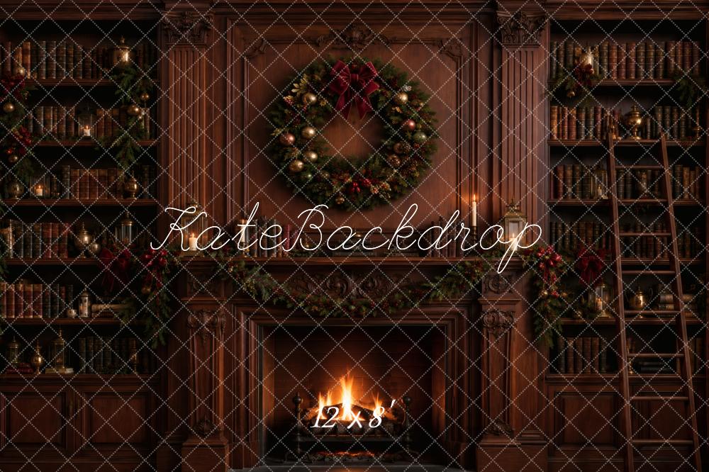 Kate Christmas Fireplace Library Wreath Printed Backdrop Designed by Vertigo Productions