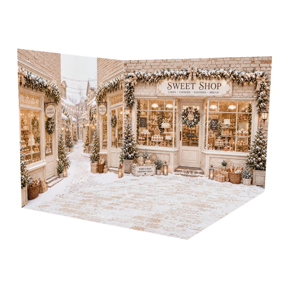 Kate Christmas Sweet Shop Window Gingerbread Snow Garland Printed Backdrop Room Set