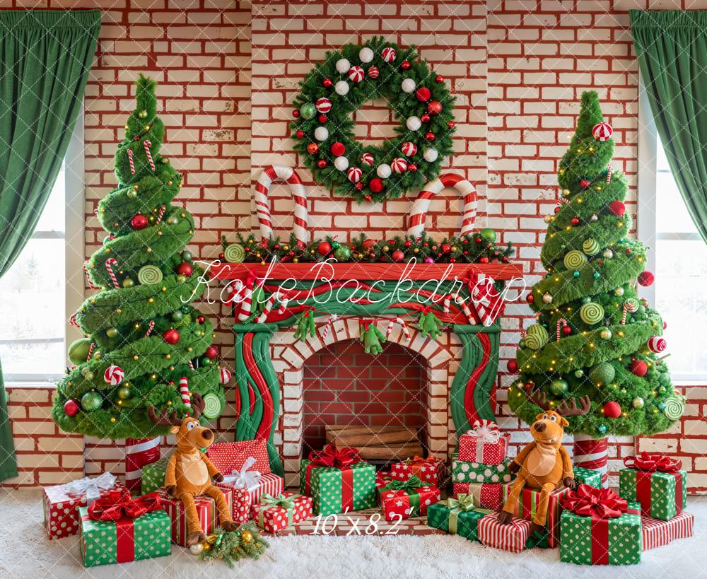 Kate Christmas Fireplace Brick Wreath Tree Gifts Reindeer Plush Backdrop Designed by Emetselch