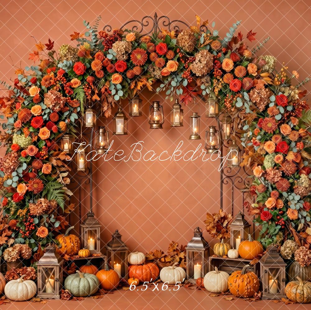 Kate Fall Brown Flower Arch Pumpkins Lanterns Printed Backdrop Designed by Patty Roberts