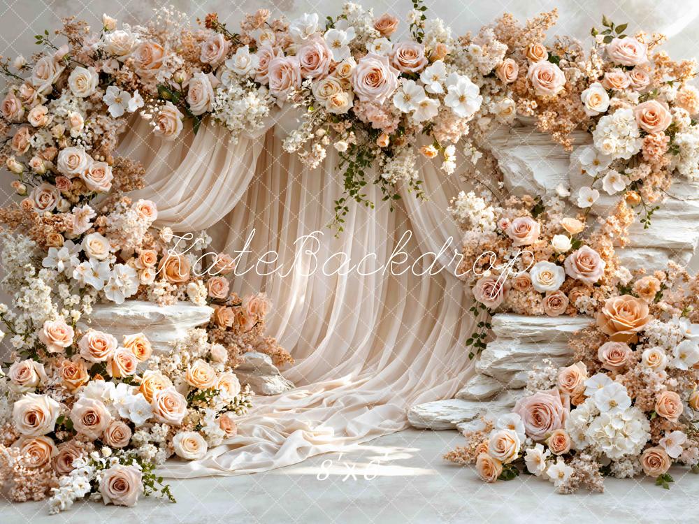 TEST Kate Flower Arch Cream Roses Stone Drapes Printed Backdrop Designed by Mini MakeBelieve