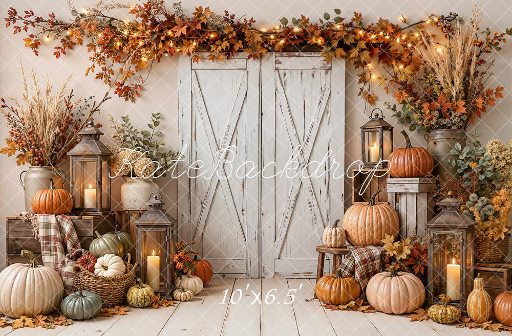 Kate Fall Rustic White Barn Door Pumpkin Lanterns Leaves Printed Backdrop Designed by Emetselch