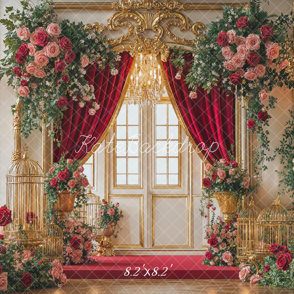 Kate Valentine's Day Red Curtain Gold Door Flower Arch Birdcage Backdrop Designed by Emetselch