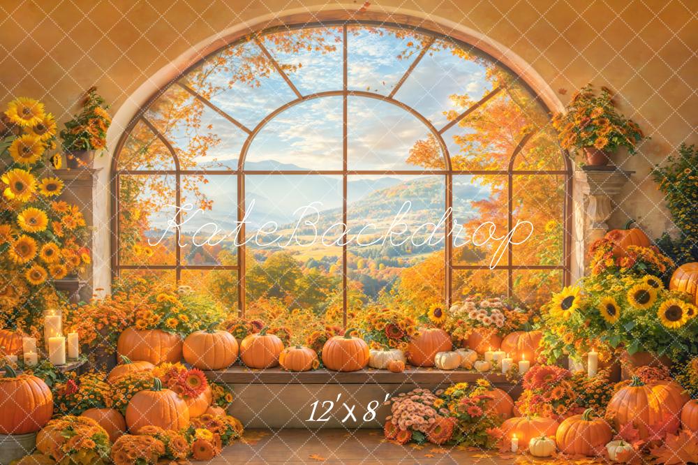Fondo de Ventana Arqueada de Calabaza de Otoño y Girasol Diseñado por Emetselch
