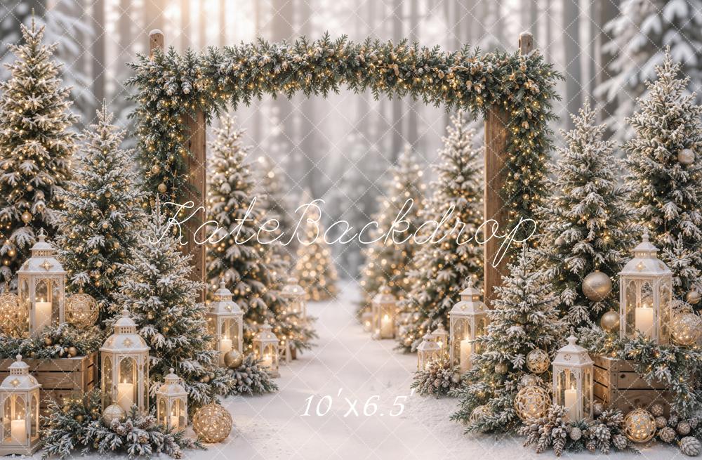 Kate Christmas Pine Arch Snowy Forest Lanterns Printed Backdrop Designed by Emetselch