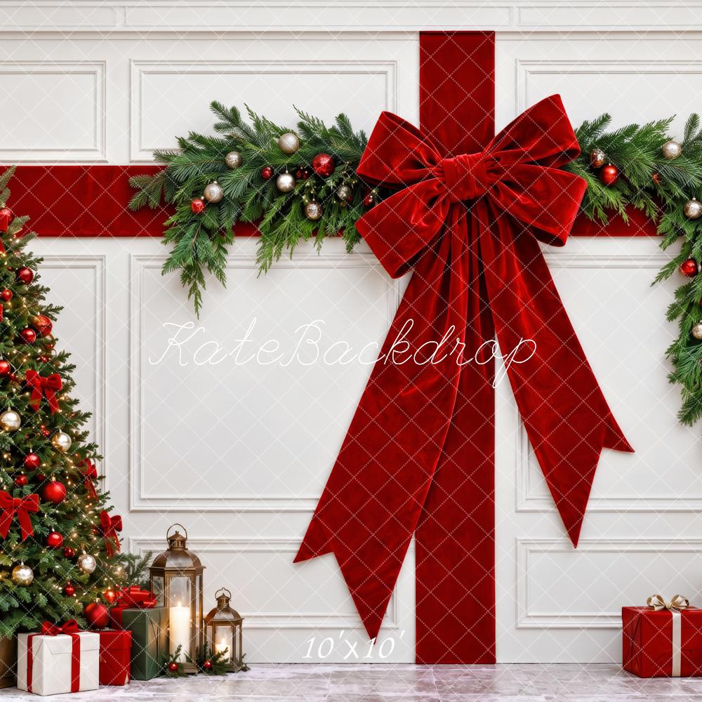 Kate Christmas Tree Red Bow Garland White Wall Gift Printed Backdrop Designed by Patty Roberts