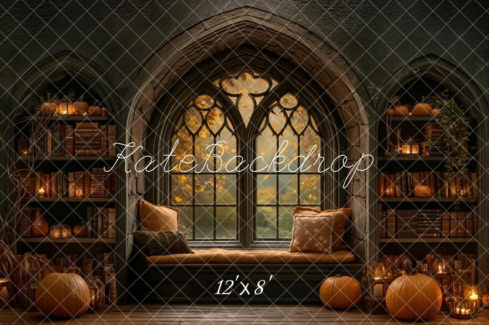 Kate Halloween Gothic Window Pumpkin Bookshelves Backdrop Designed by Emetselch