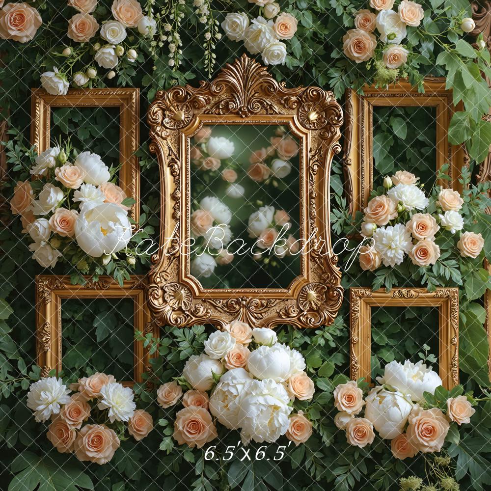 Kate Romantic Floral Gold Frames Greenery Backdrop Designed by Mini MakeBelieve