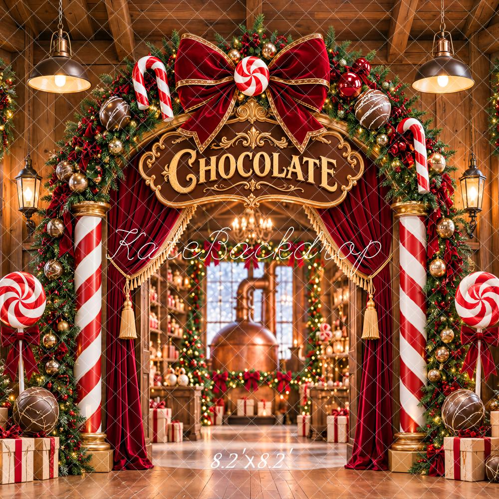 Kate Christmas Chocolate Factory Candy Cane Arch Bow Printed Backdrop Designed by Emetselch