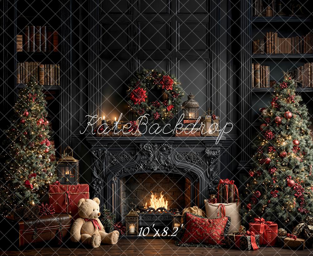Kate Christmas Vintage Fireplace Wreath Trees Gifts Bookshelves Backdrop Designed by Emetselch