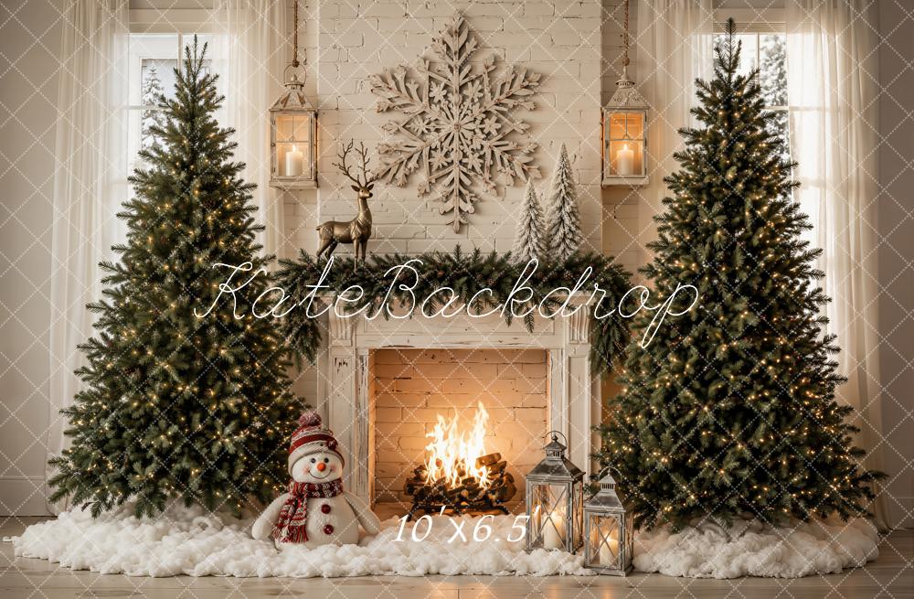 Kate Christmas Trees Snowflake Fireplace Snowman Printed Backdrop Designed by Emetselch