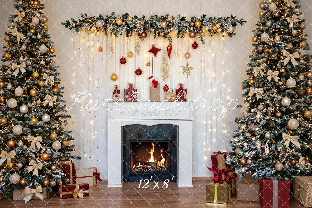 Kate Christmas Fireplace Garland Christmas Trees String Lights Printed Backdrop Designed by Fantasyphotoart