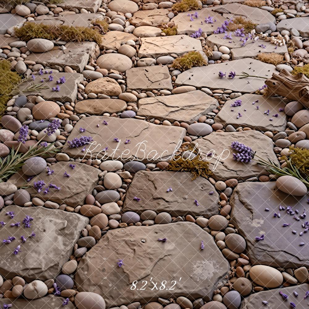 Kate Stone Pathway Pebbles Moss Log Purple Flowers Floor Printed Backdrop Designed by Kate Image
