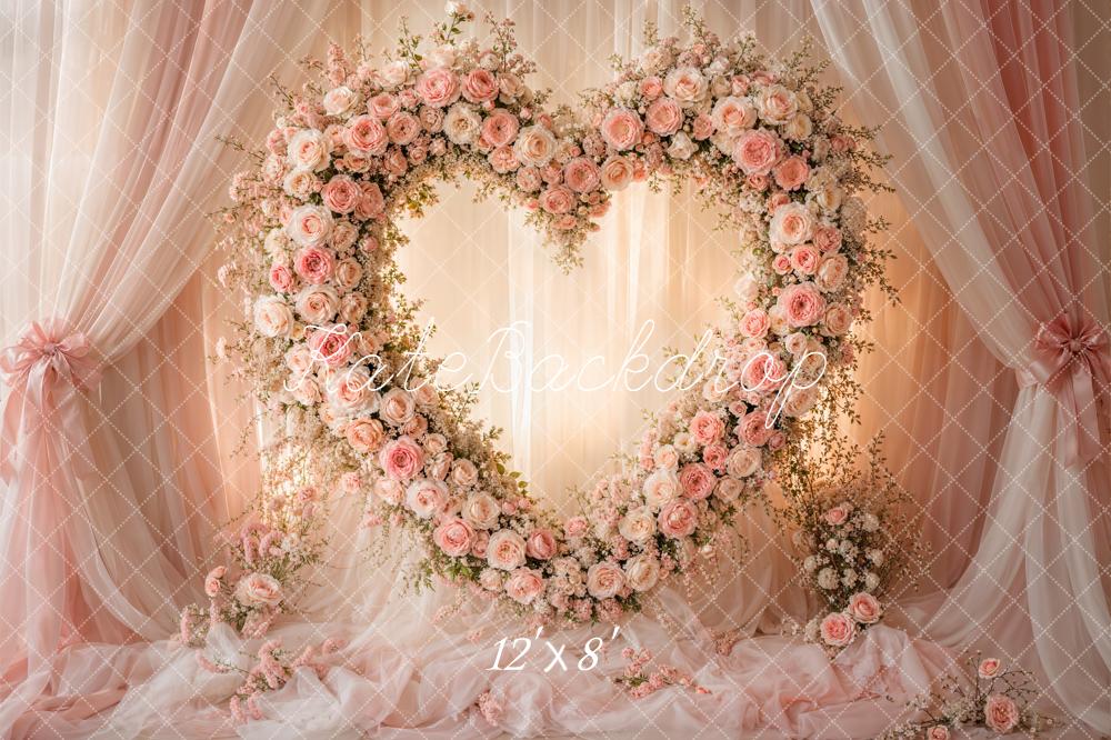 Kate Valentines Heart Flower Wreath Pink Roses Sheer Drapes Printed Backdrop Designed by Emetselch