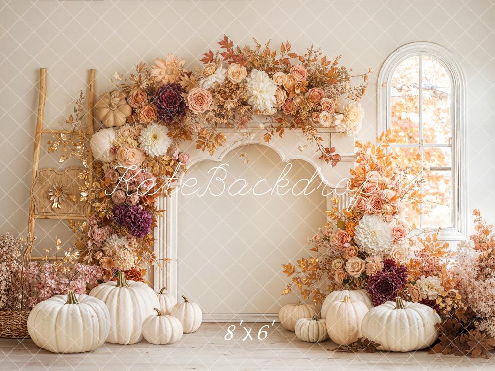 Kate Fall Flower Arch White Pumpkins Ladder Window Backdrop Designed by Emetselch