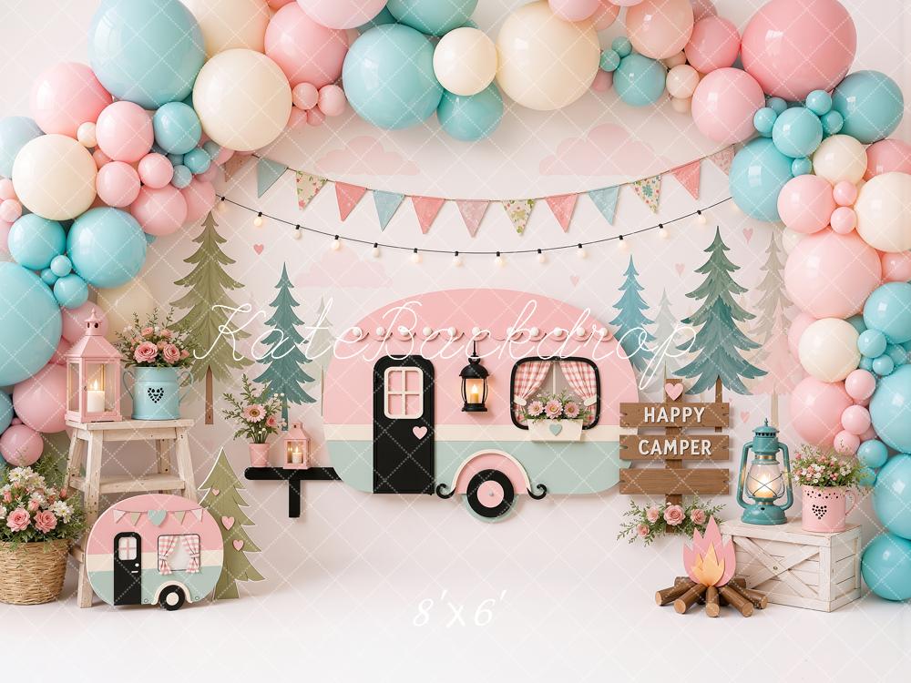 Kate Cake Smash Pastel Camper Party Balloons Campfire Printed Backdrop Designed by Ashley Ward