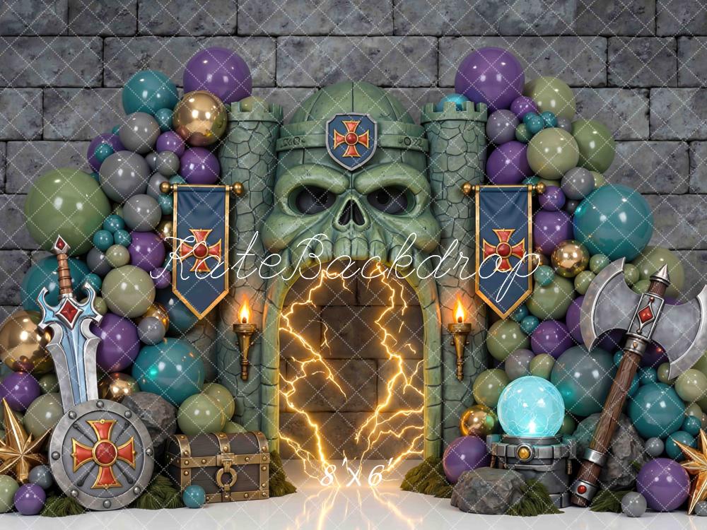 Kate Fantasy Skull Castle Balloons Medieval Weapons Stone Printed Backdrop Designed by Mini MakeBelieve