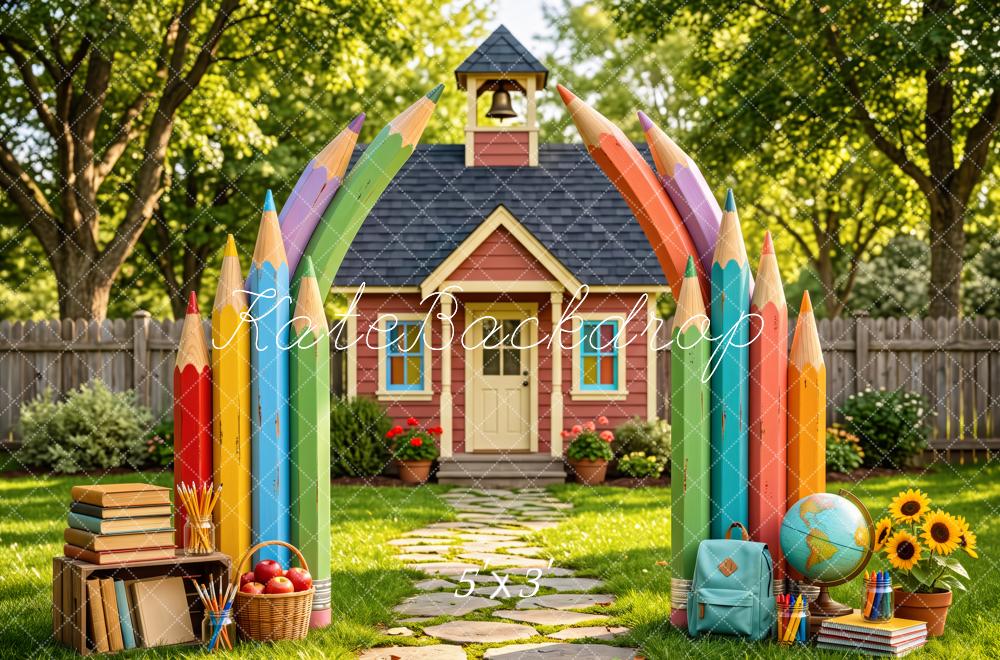 Kate Back To School Colored Pencils Schoolhouse Printed Backdrop Designed by Patty Roberts