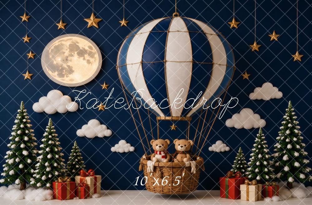 Kate Christmas Hot Air Balloon Full Moon Teddy Bear Printed Backdrop Designed by Vertigo Productions