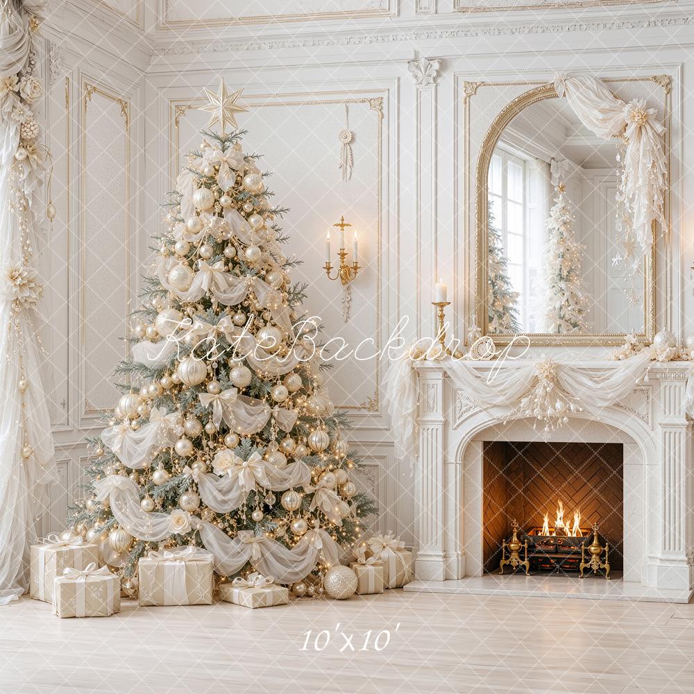 Kate Christmas Tree Luminous Ivory Tulle Fireplace Mirror Printed Backdrop Designed by Shutter Swan Studios