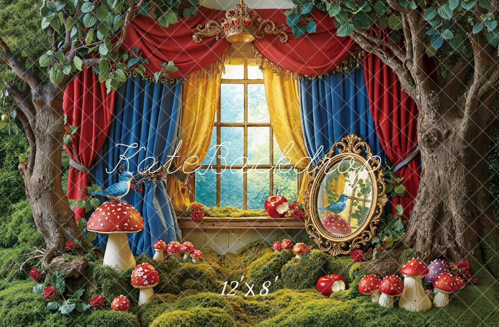 Kate Fairy Fantasy Forest Red Blue Yellow Curtains Mushroom Window Mirror Backdrop Designed by Emetselch