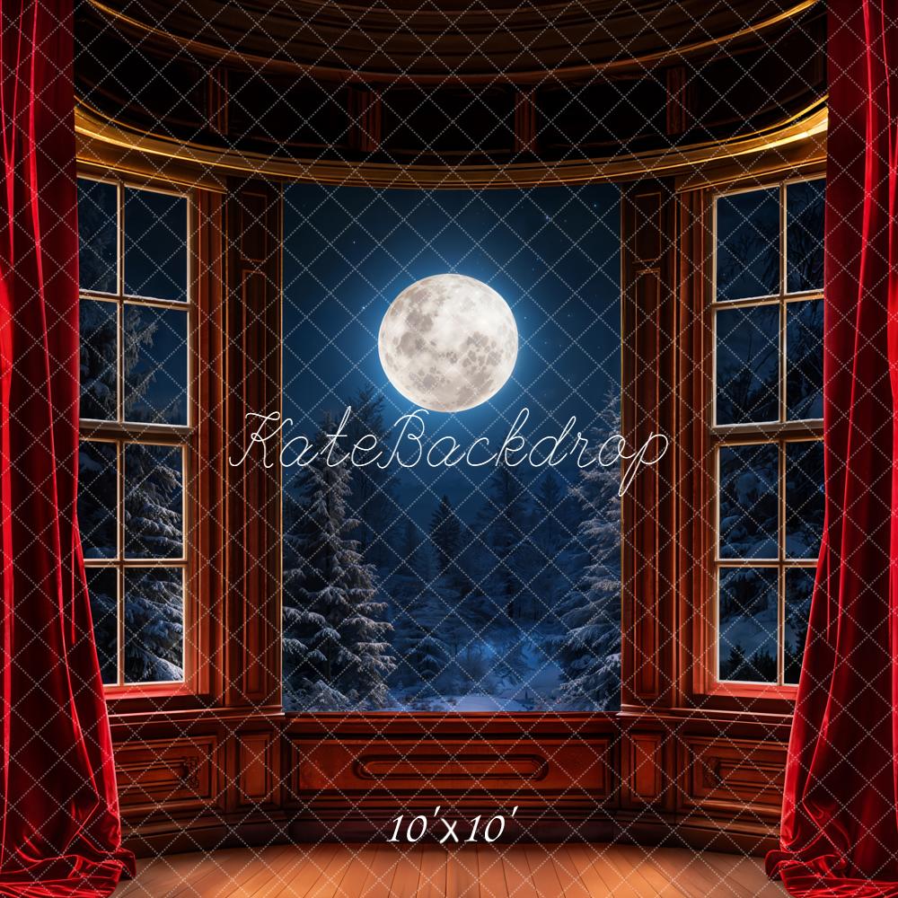 Kate Christmas Full Moon Night Window Red Curtains Snowy Trees Backdrop Designed by Emetselch