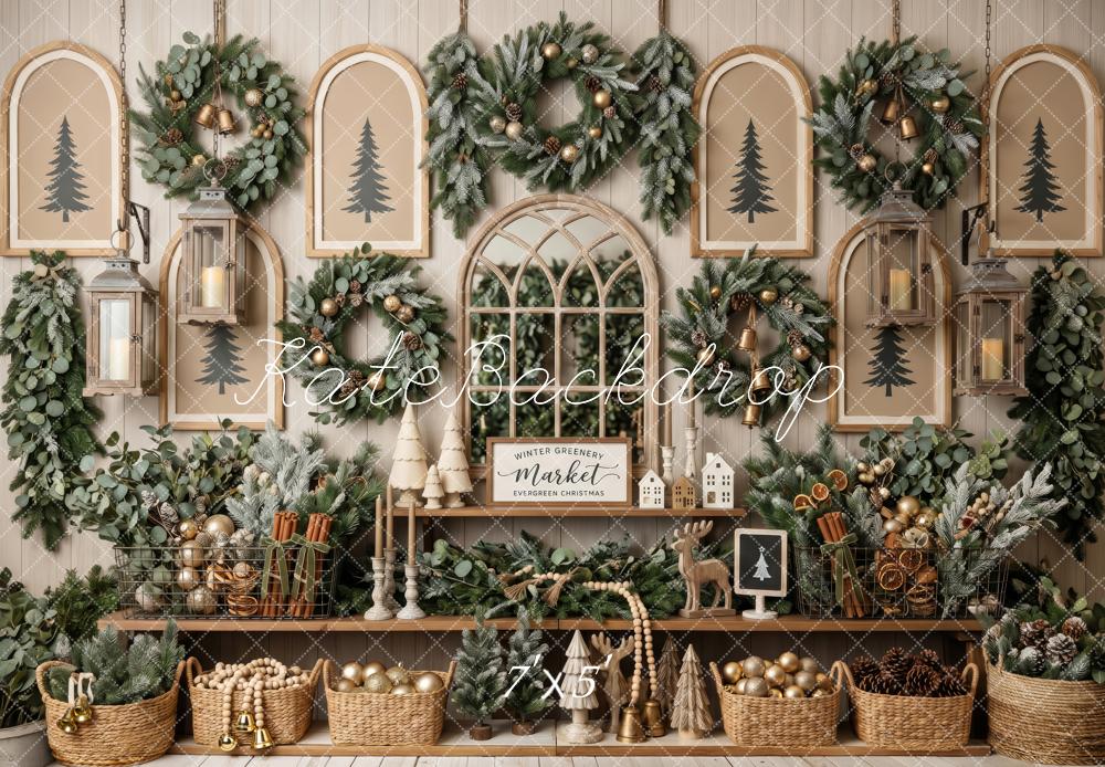 Kate Christmas Greenery Wreaths Lanterns Rustic Market Printed Backdrop Designed by Patty Roberts