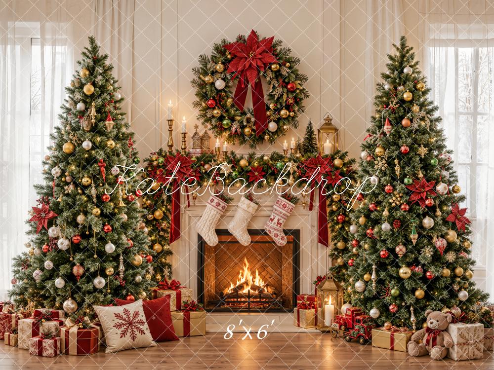 Kate Christmas Fireplace Ornaments Christmas Trees Wreath Printed Backdrop Designed by Emetselch